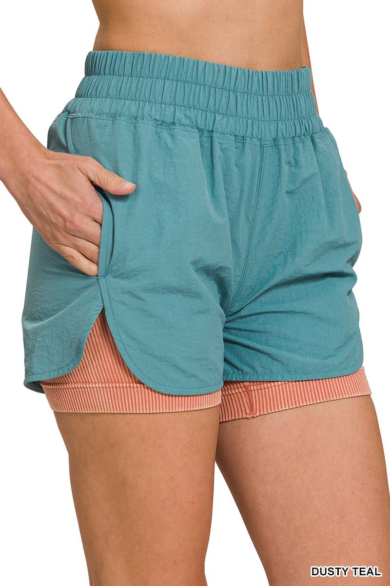 Windbreaker Smocked Waistband Track Shorts w/ Pockets