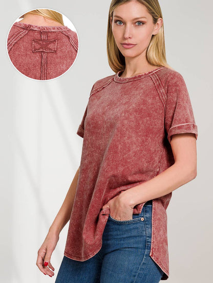 French Terry Vintage Wash Casual Top W/ Back Patch