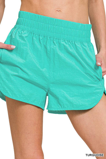 Windbreaker Smocked Waistband Track Shorts w/ Pockets